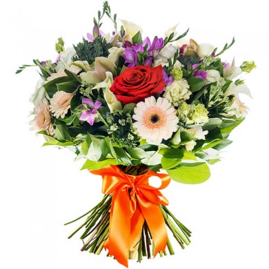 Bouquet floreale con fiori recisi misti e verde decorativo in confezione regalo